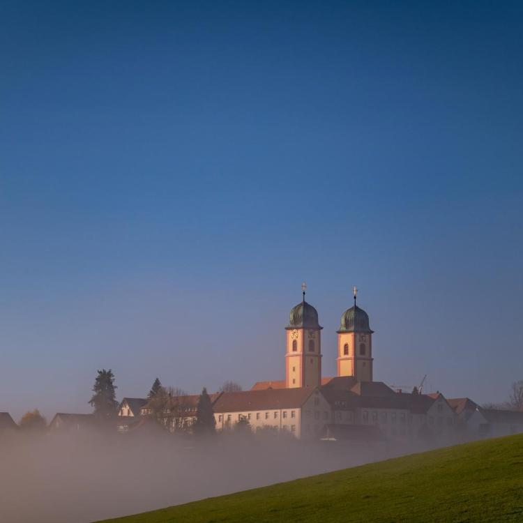 Klosterkirche mit zwei Türmen im Morgennebel