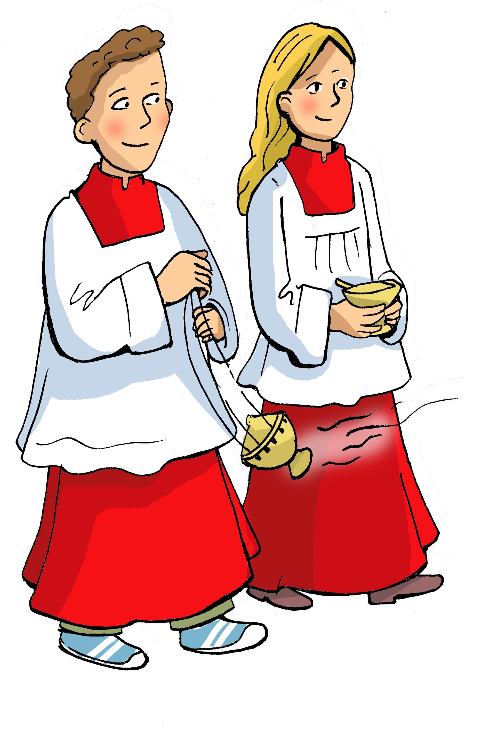 Zeichnung im Comic-Stil: Messdiener mit Weihrauchschiffchen und Weihrauchfass.