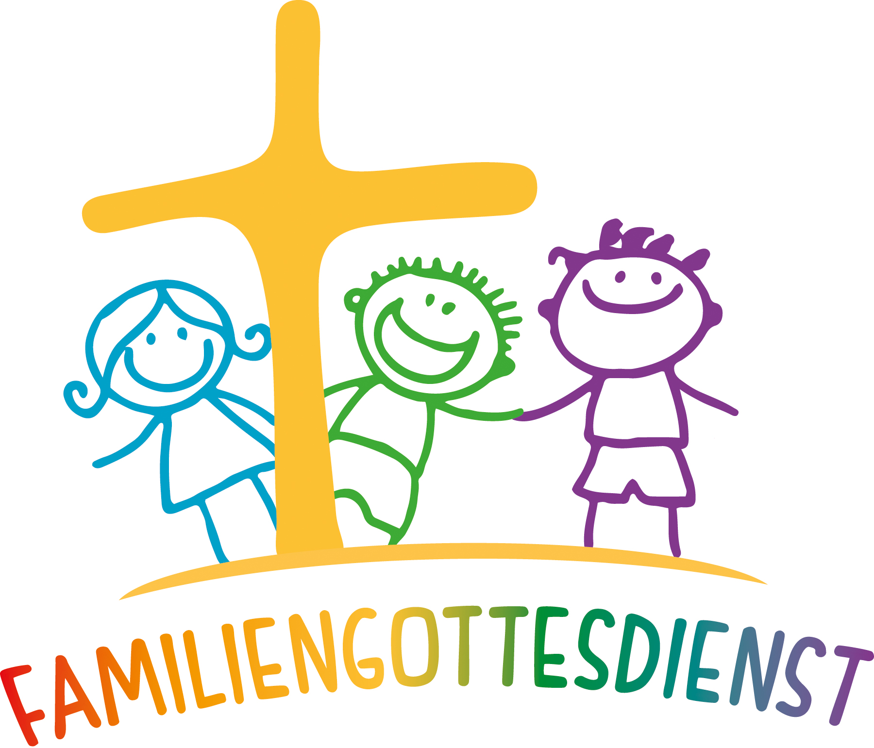 Zeichnung mit gelbem Kreuz, drei lachenden Kinder als Strichmännchen und Schriftzug „Familiengottesdienst“.