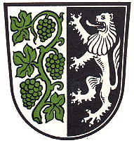 Ehemaliges Planiger Gemeindewappen mit Weinstock und Löwe der Grafen von Löwenstein.