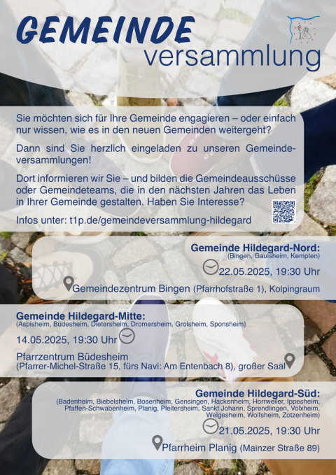 Plakat mit Infos, Daten und Zeiten der Gemeindeversammlungen; Infos unter: t1p.de/gemeindeversammlung-hildegard