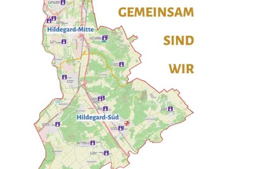 Pfarrei-Karte mit dem Spruch 'Gemeinsam sind wir Hildegard'