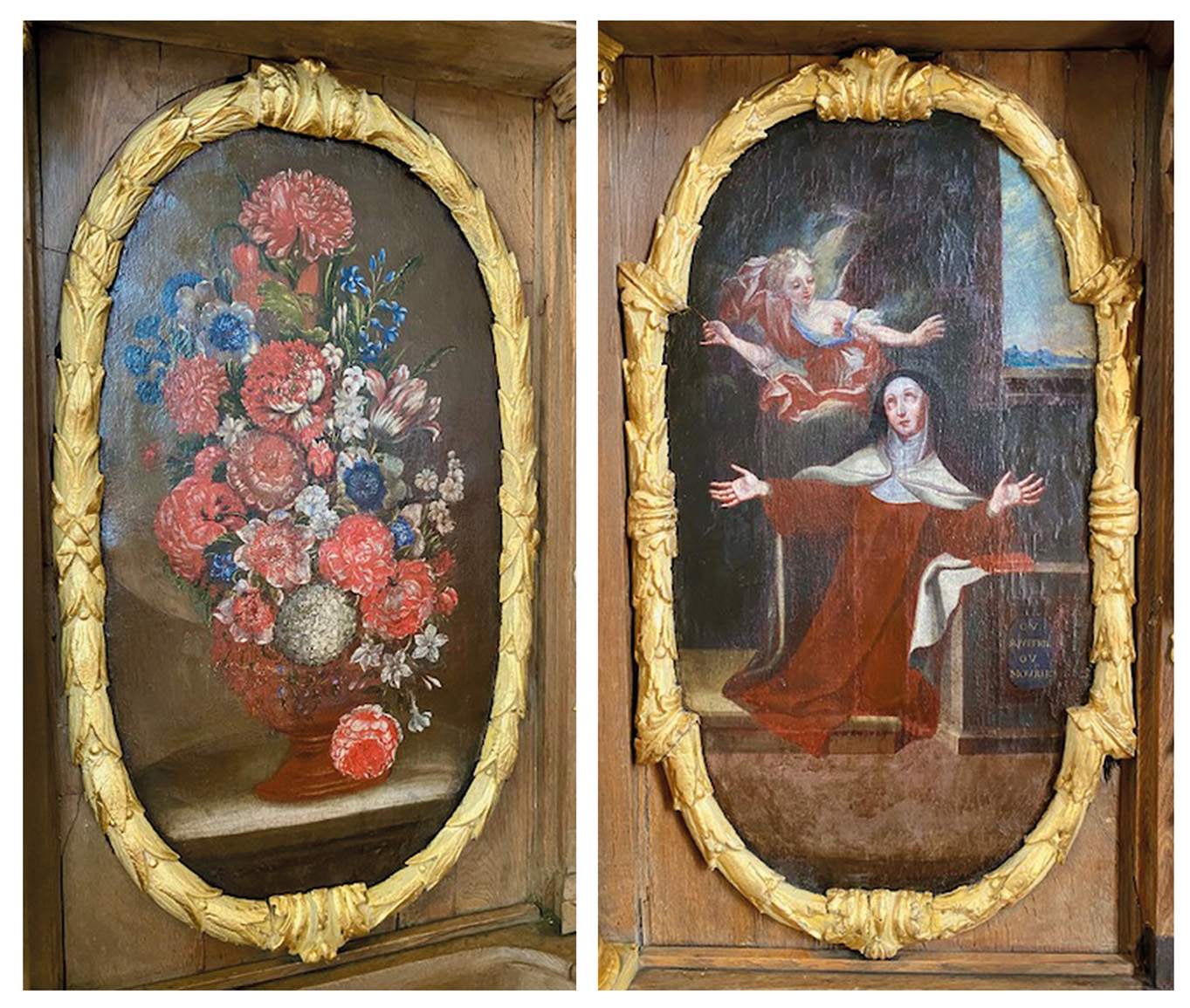 2 Bilder aus dem Chorgestühl: Blumenstrauß und Teresa von Avila
