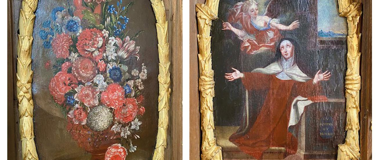 2 Bilder aus dem Chorgestühl: Blumenstrauß und Teresa von Avila