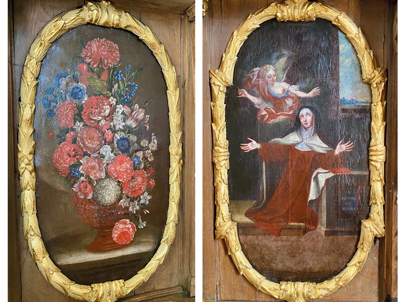 2 Bilder aus dem Chorgestühl: Blumenstrauß und Teresa von Avila