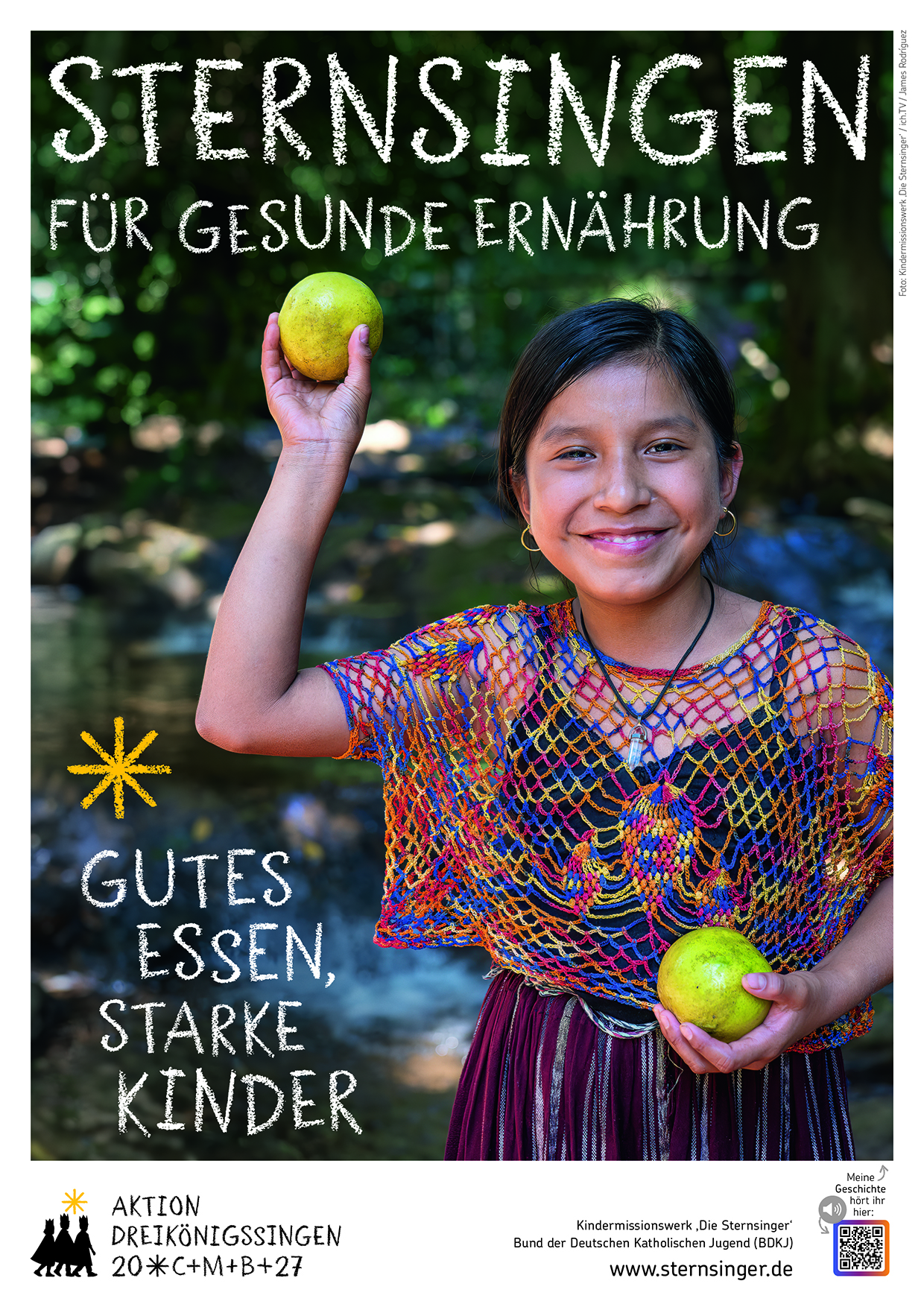 2027 Aktionsplakat Sternsingen für gesunde Ernährung, Mädchen mit Äpfeln in den Händen