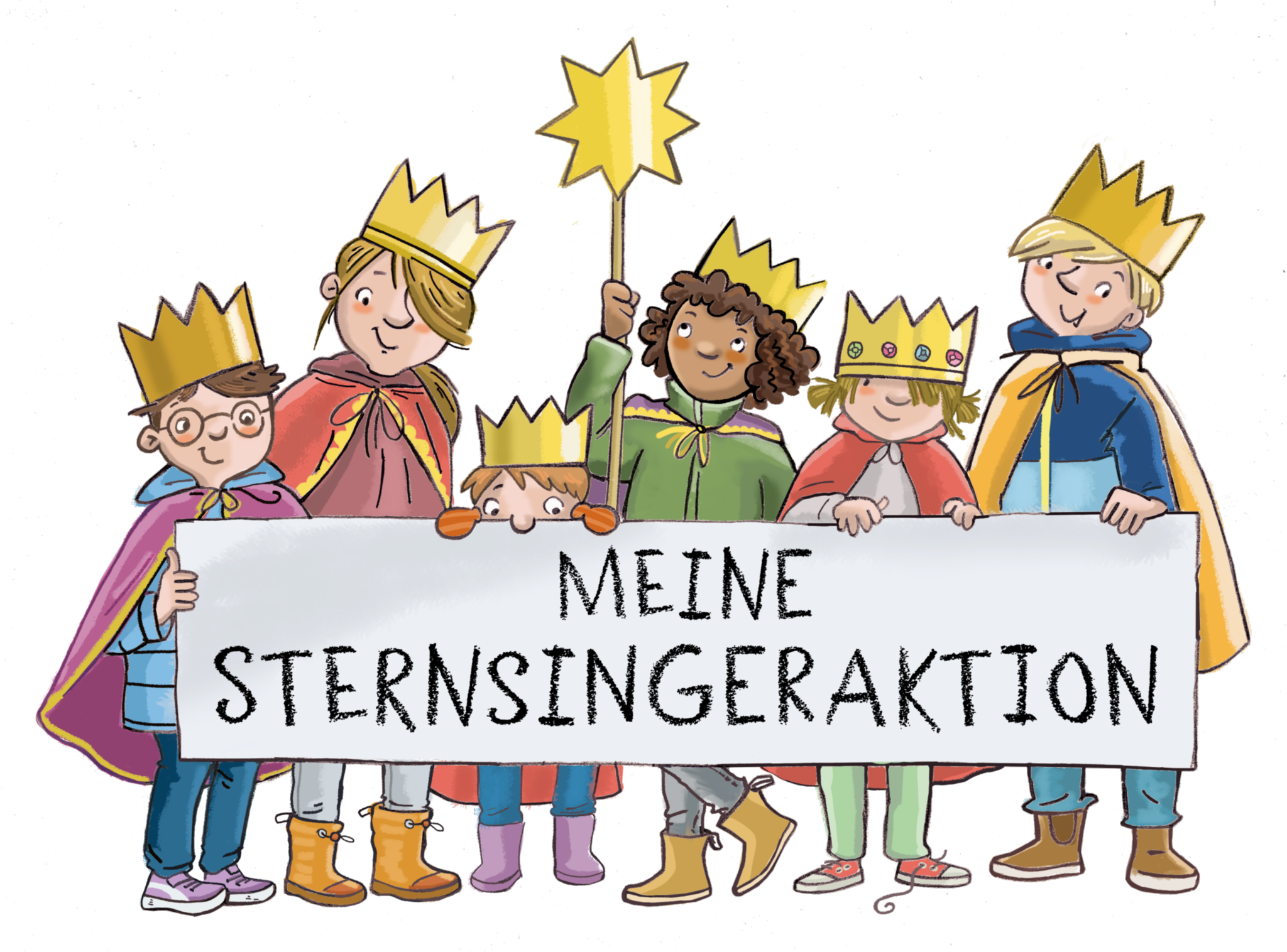 Sechs Kinder bilden eine Sternsinger-Gruppe, mit Kronen und Stern geschmückt, tragen ein Plakat