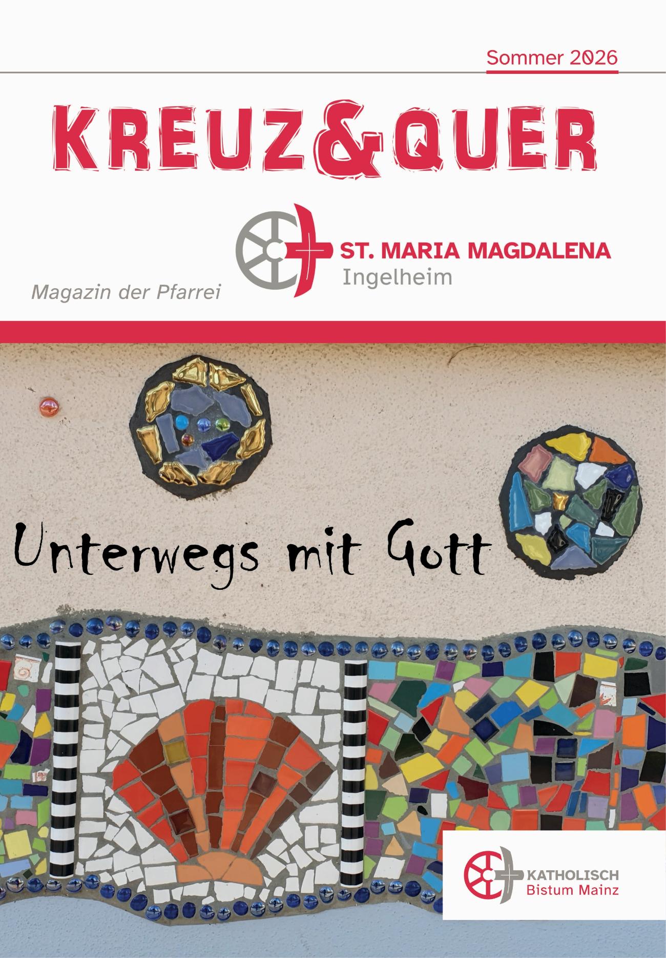 Titelbild der Sommerausgabe des kreuz&quer Jakobsweg-Muschel als Mosaik