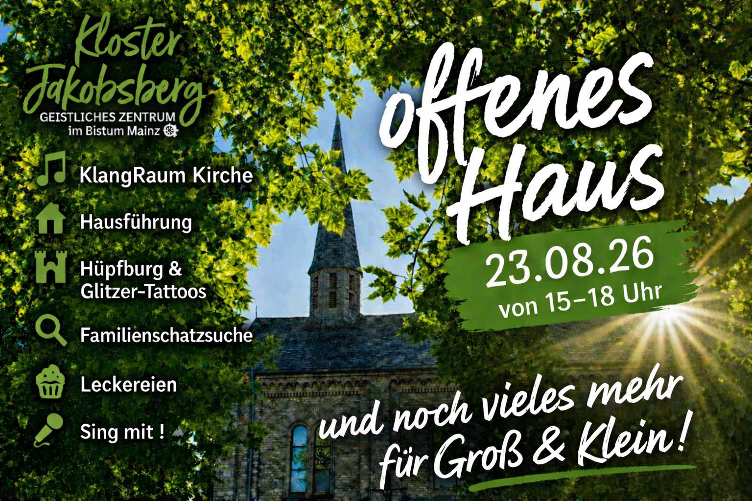 Das Spirituelle Zentrum im Bistum Mainz Kloster Jakobsberg lädt am 23.8. 15-18 Uhr zum offenen Haus ein