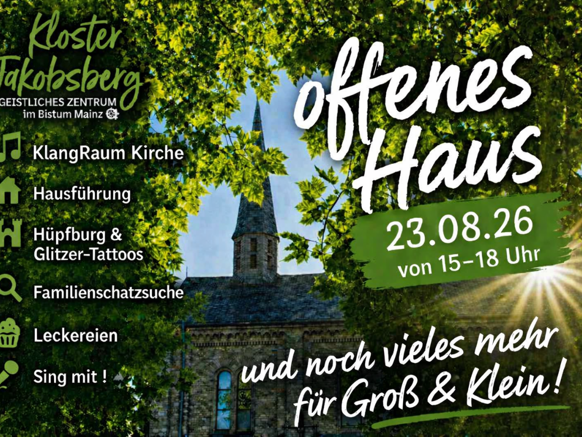 Das Spirituelle Zentrum im Bistum Mainz Kloster Jakobsberg lädt am 23.8. 15-18 Uhr zum offenen Haus ein