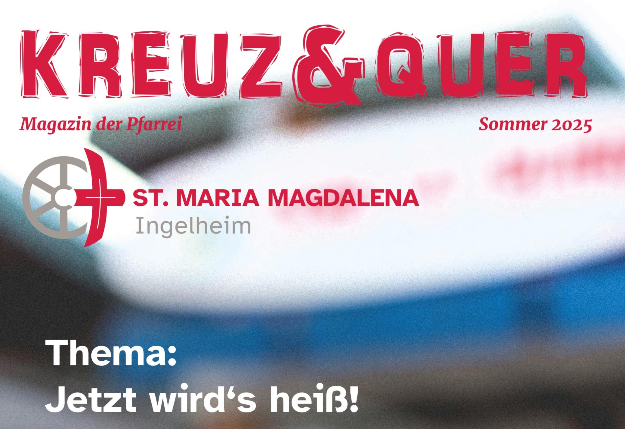 Pfarrmagazin kreuz&quer Sommer 2025 Titelbild zum Thema 'Jetzt wird's heiß' mit Eiscreme in Waffel