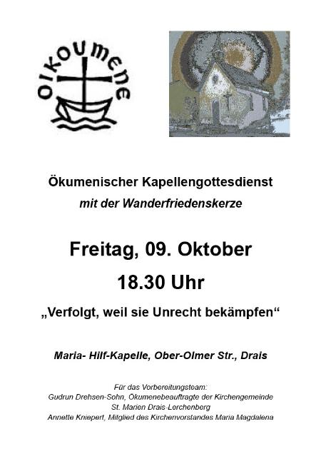 Ökumenischer Kapellengottesdienst mit Wanderfriedenskerze