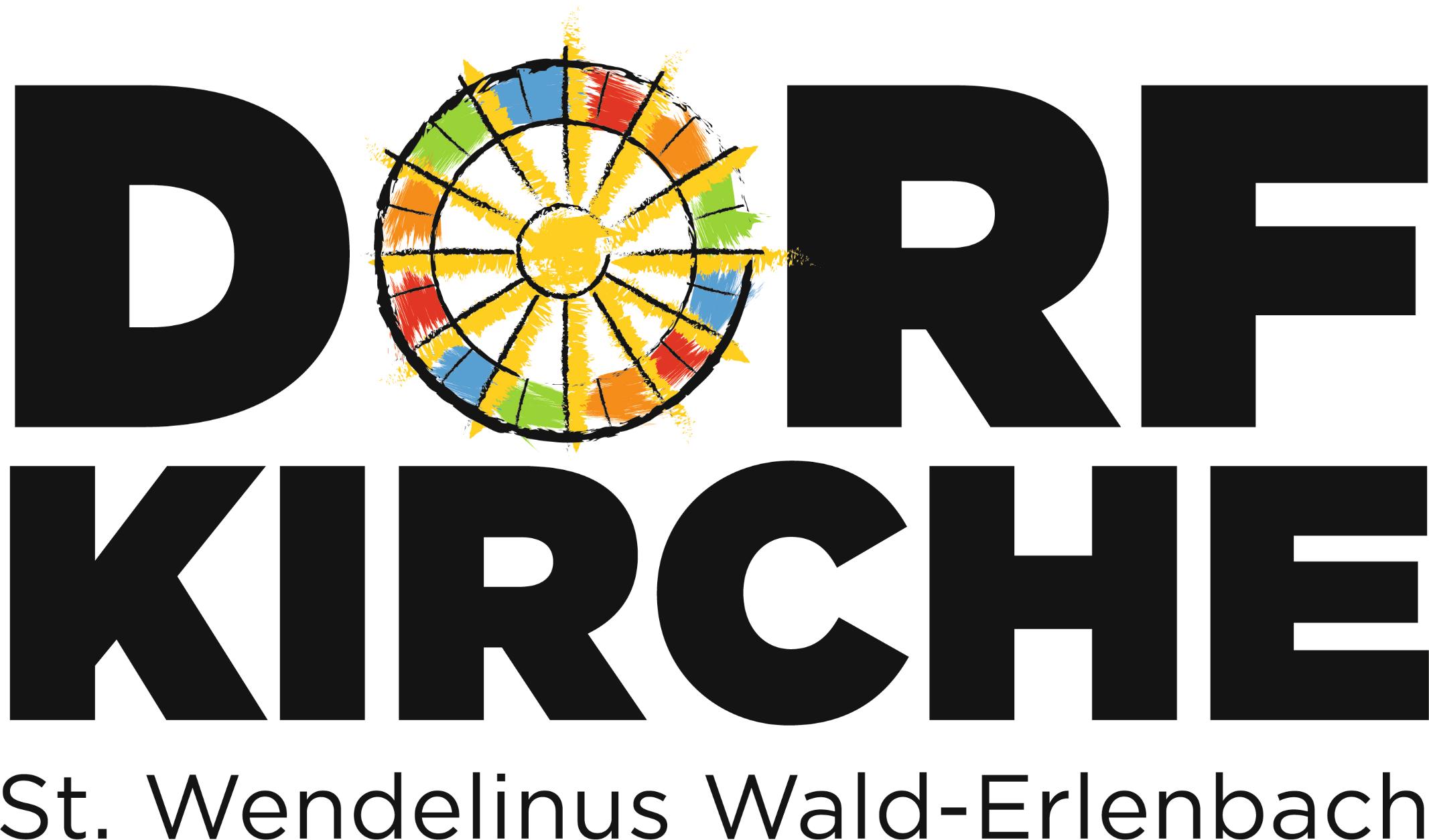 Logo der Dorfkirche St. Wendelinus in Wald-Erlenbach - Kirche als Zeichnung, Wort Dorfkirche, statt dem 'O' ein buntes Rad