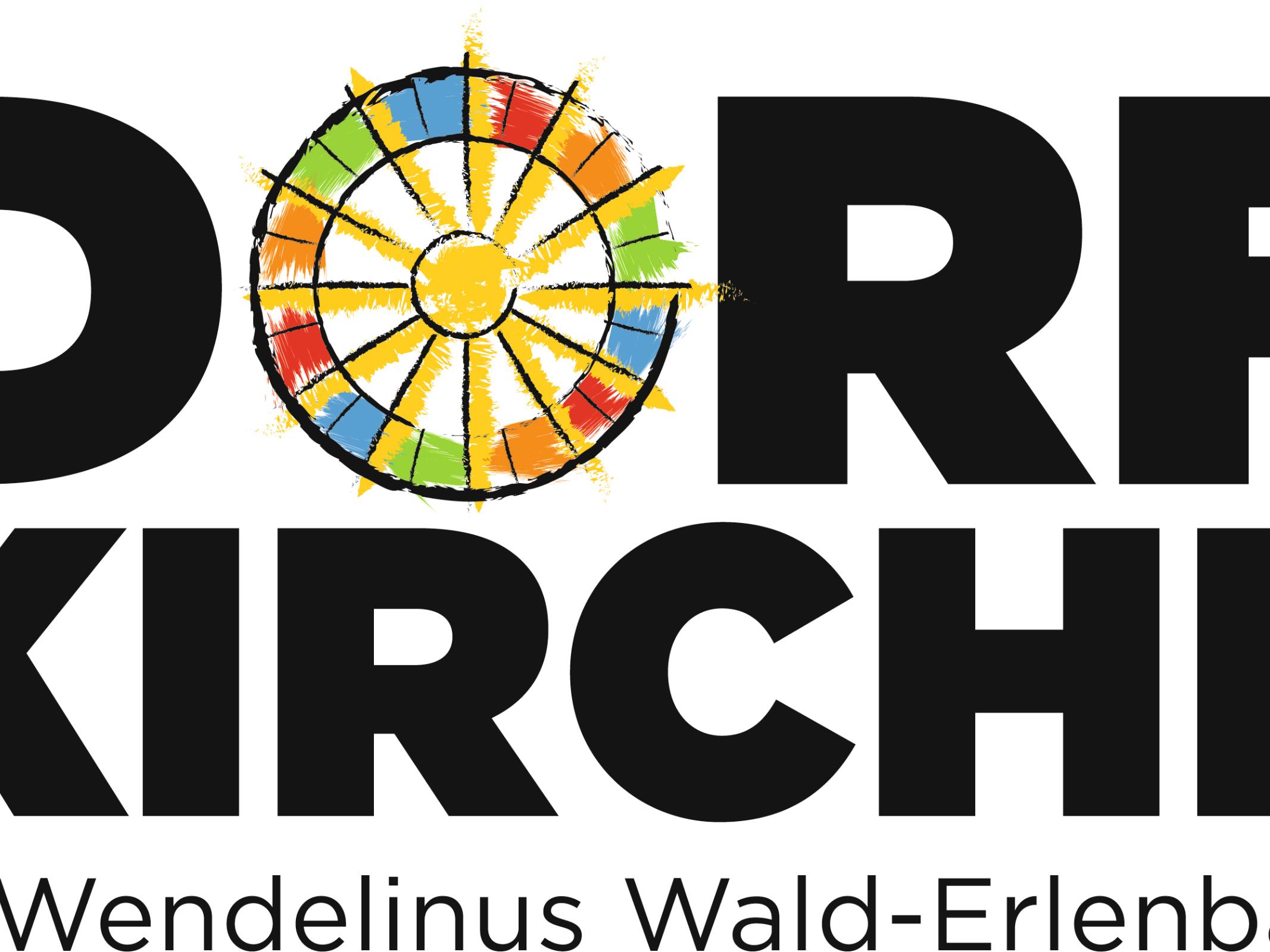 Logo der Dorfkirche St. Wendelinus in Wald-Erlenbach - Kirche als Zeichnung, Wort Dorfkirche, statt dem 'O' ein buntes Rad