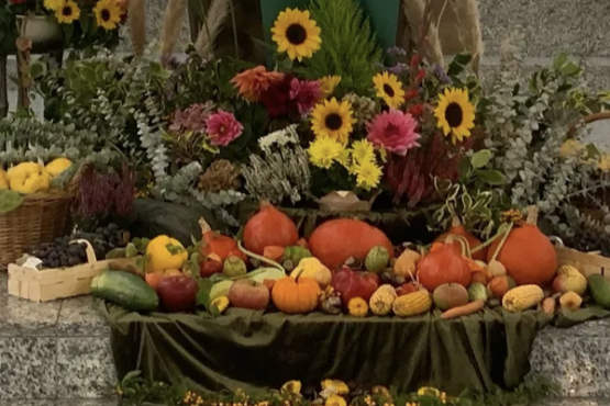 Körbe mit Kürbissen und Quitten und Blumengestecke am Altar der Pfarrkirche St. Peter in Heppenheim