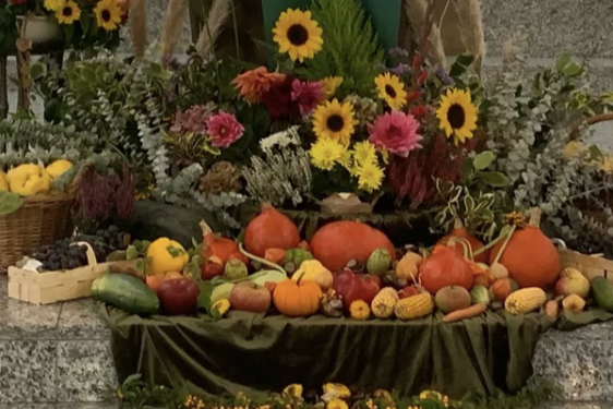 Körbe mit Kürbissen und Quitten und Blumengestecke am Altar der Pfarrkirche St. Peter in Heppenheim