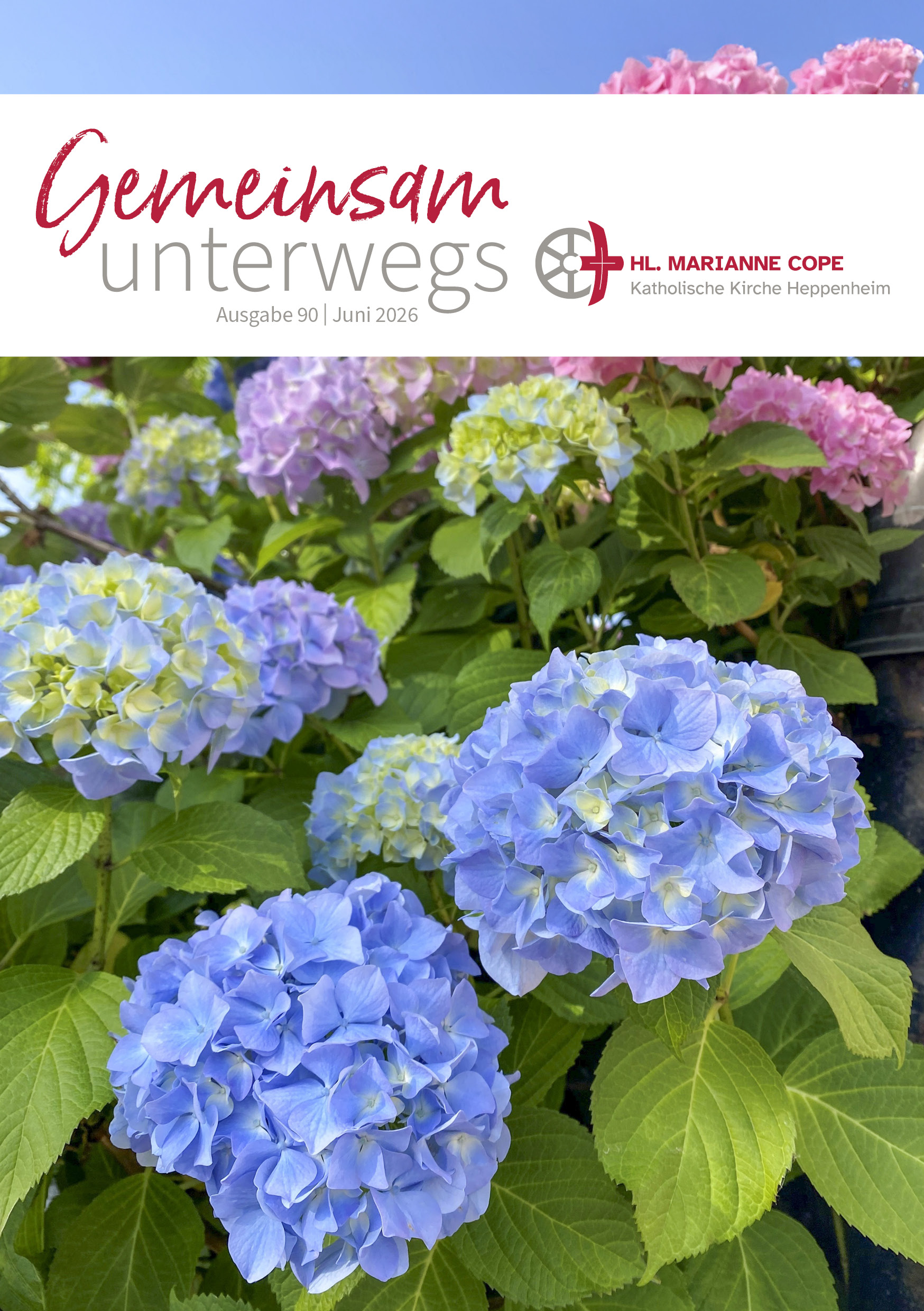 Titelseite - Gemeindemagazin 'Gemeinsam unterwegs' - Ausgabe: Juni 2026 - blaue Hortensien