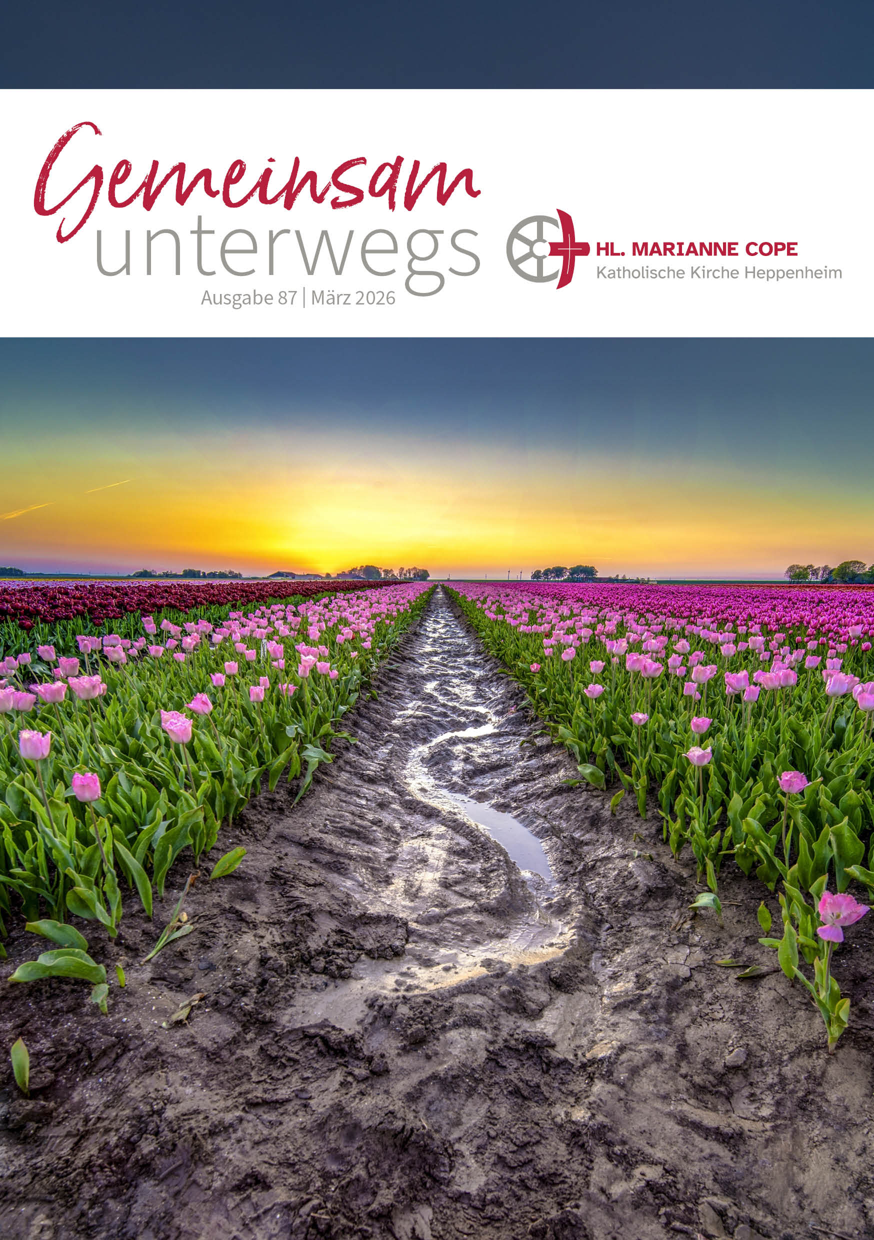 Pfarrbrief / Gemeindemagazin Gemeinsam unterwegs (GU) - Ausgabe  März 2026 - Titelblatt Weg durch Blumenfeld im Sonnenuntergang