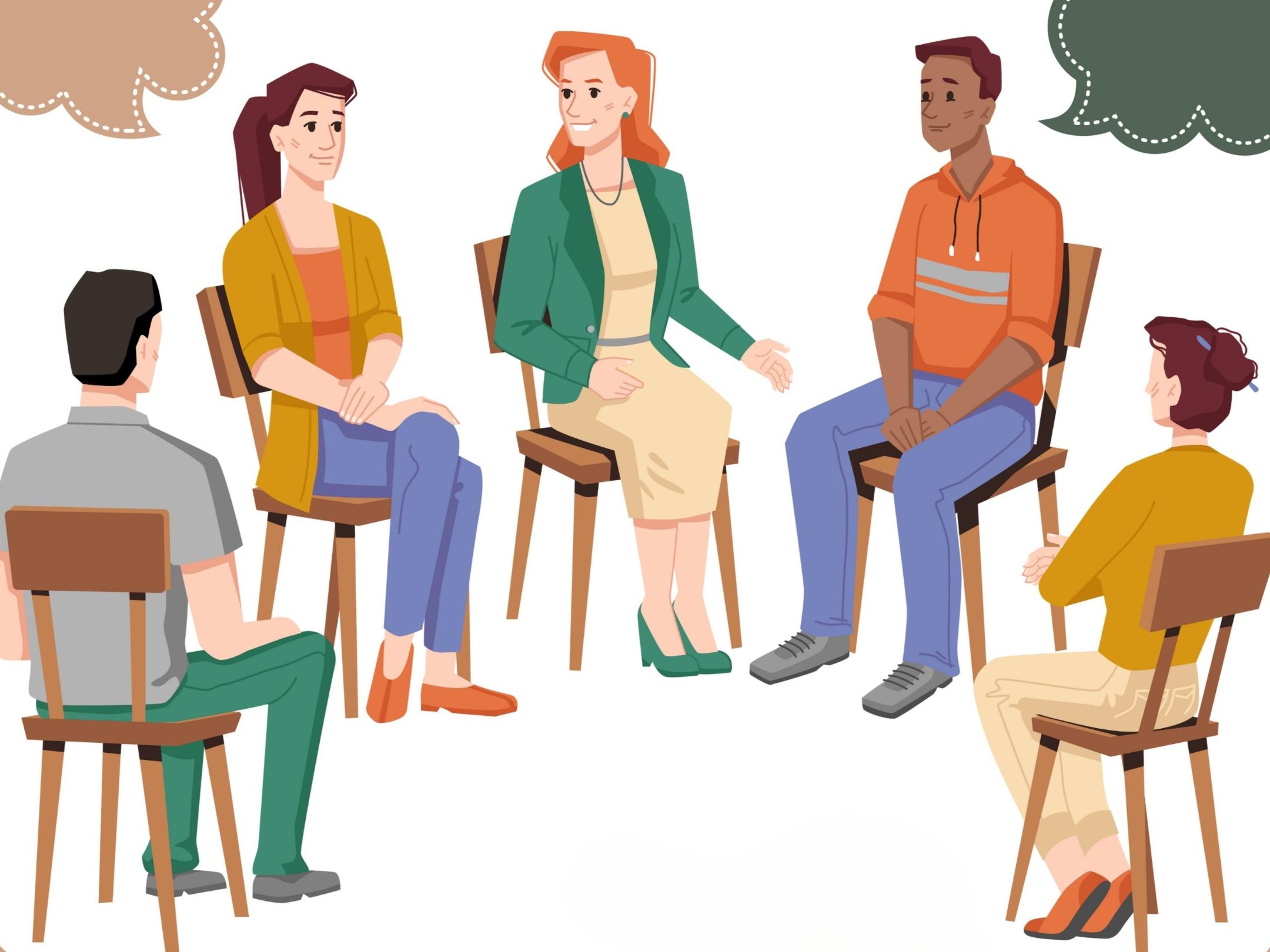 Gesprächskreis - 5 erwachsene Personen auf Stühlen mit Sprechblasen - Cartoon-Stil