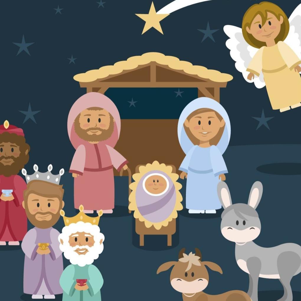 Krippenszene mit Engel, Maria und Josef, Jesus, den Heiligen Königen und Tieren im Cartoon-Stil