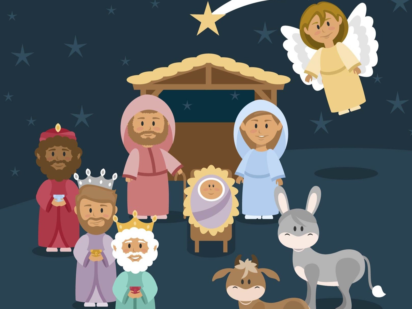 Krippenszene mit Engel, Maria und Josef, Jesus, den Heiligen Königen und Tieren im Cartoon-Stil