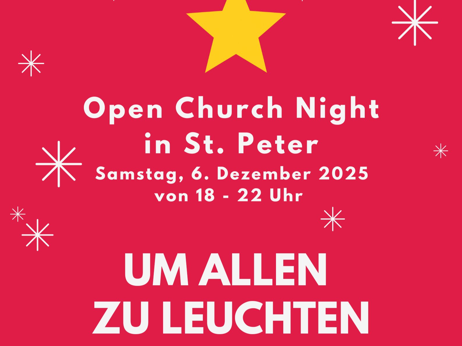 Veranstaltungshinweis - Open Church Night in St. Peter am 'UM ALLEN ZU LEUCHTEN' weiße Sterne auf pinkfarbenem Hintergrund