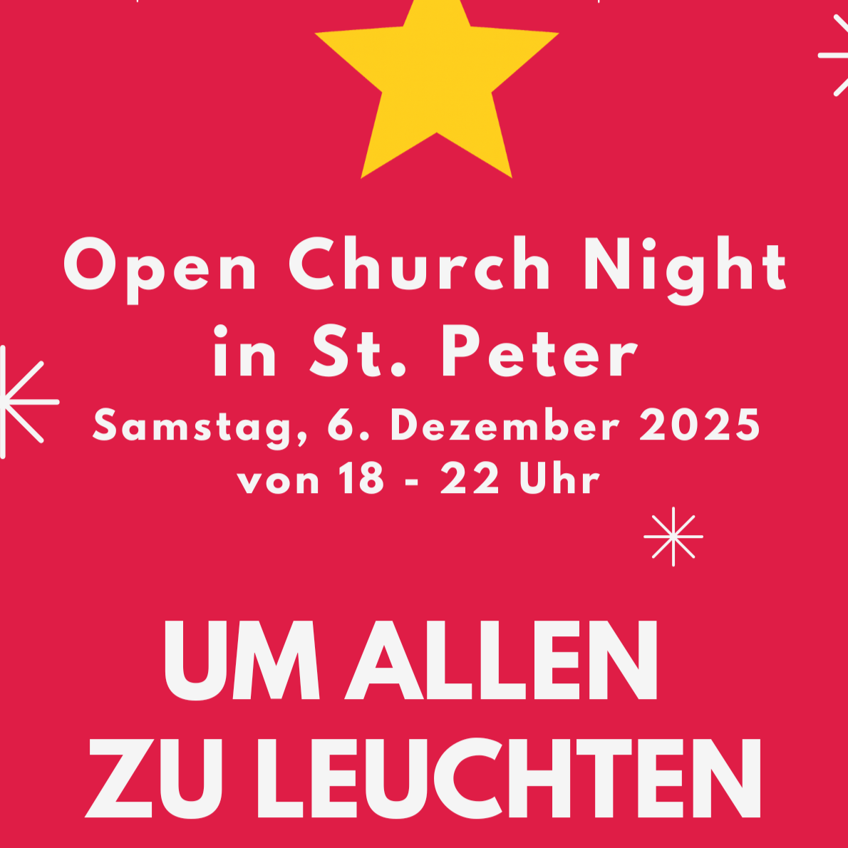 Veranstaltungshinweis - Open Church Night in St. Peter am 'UM ALLEN ZU LEUCHTEN' weiße Sterne auf pinkfarbenem Hintergrund