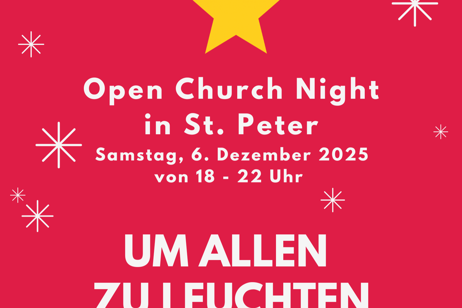 Veranstaltungshinweis - Open Church Night in St. Peter am 'UM ALLEN ZU LEUCHTEN' weiße Sterne auf pinkfarbenem Hintergrund
