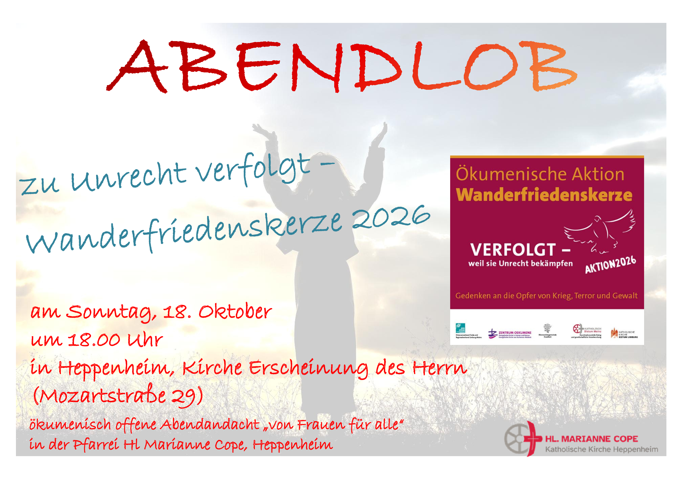 Plakat_Abendlob_261018 Plakat - Abendlob, ökumenisch, am 18.10.2026 - Frauengestalt betet mit den Händen gen Himmel