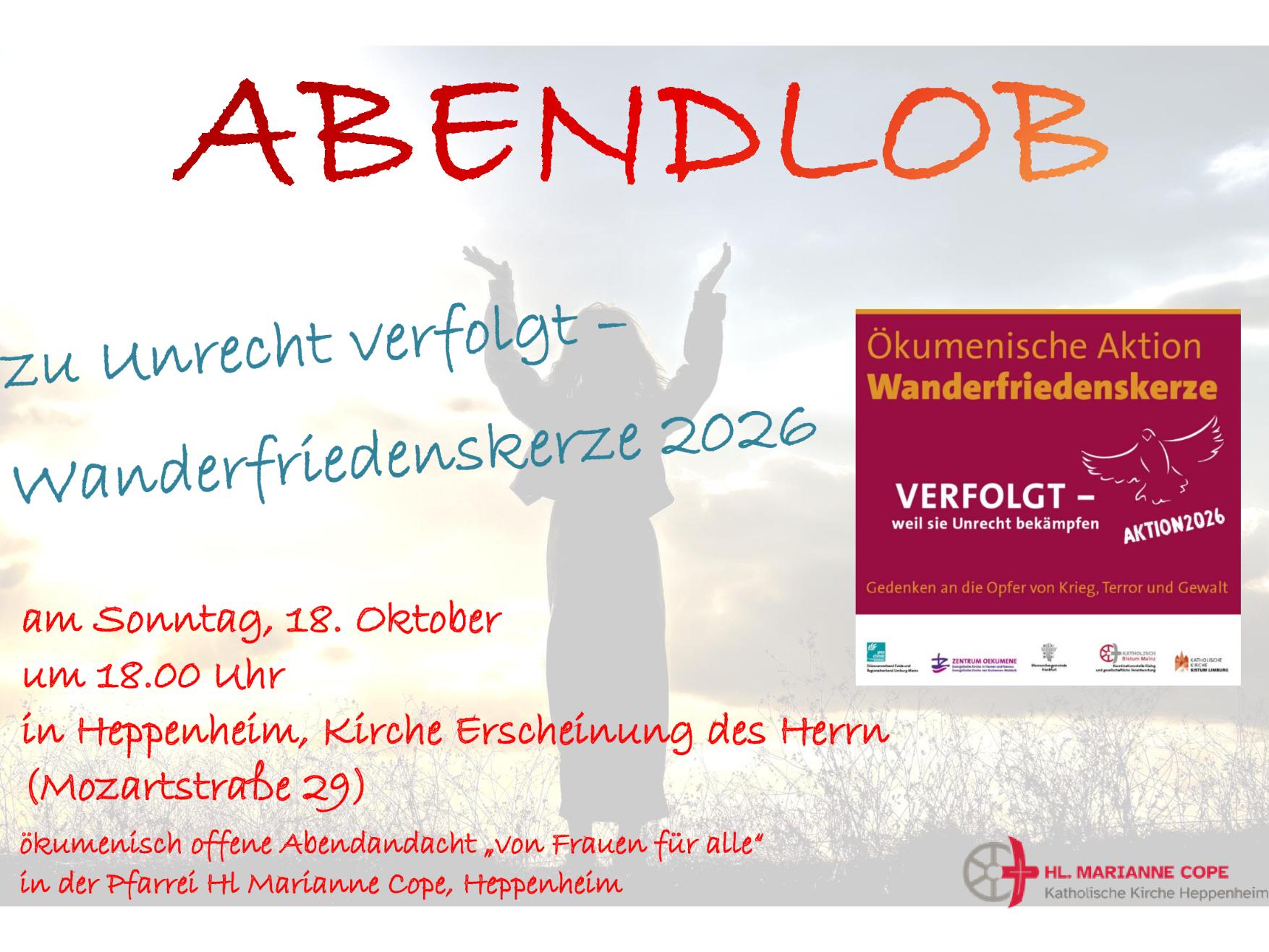 Plakat - Abendlob, ökumenisch, am 18.10.2026 - Frauengestalt betet mit den Händen gen Himmel