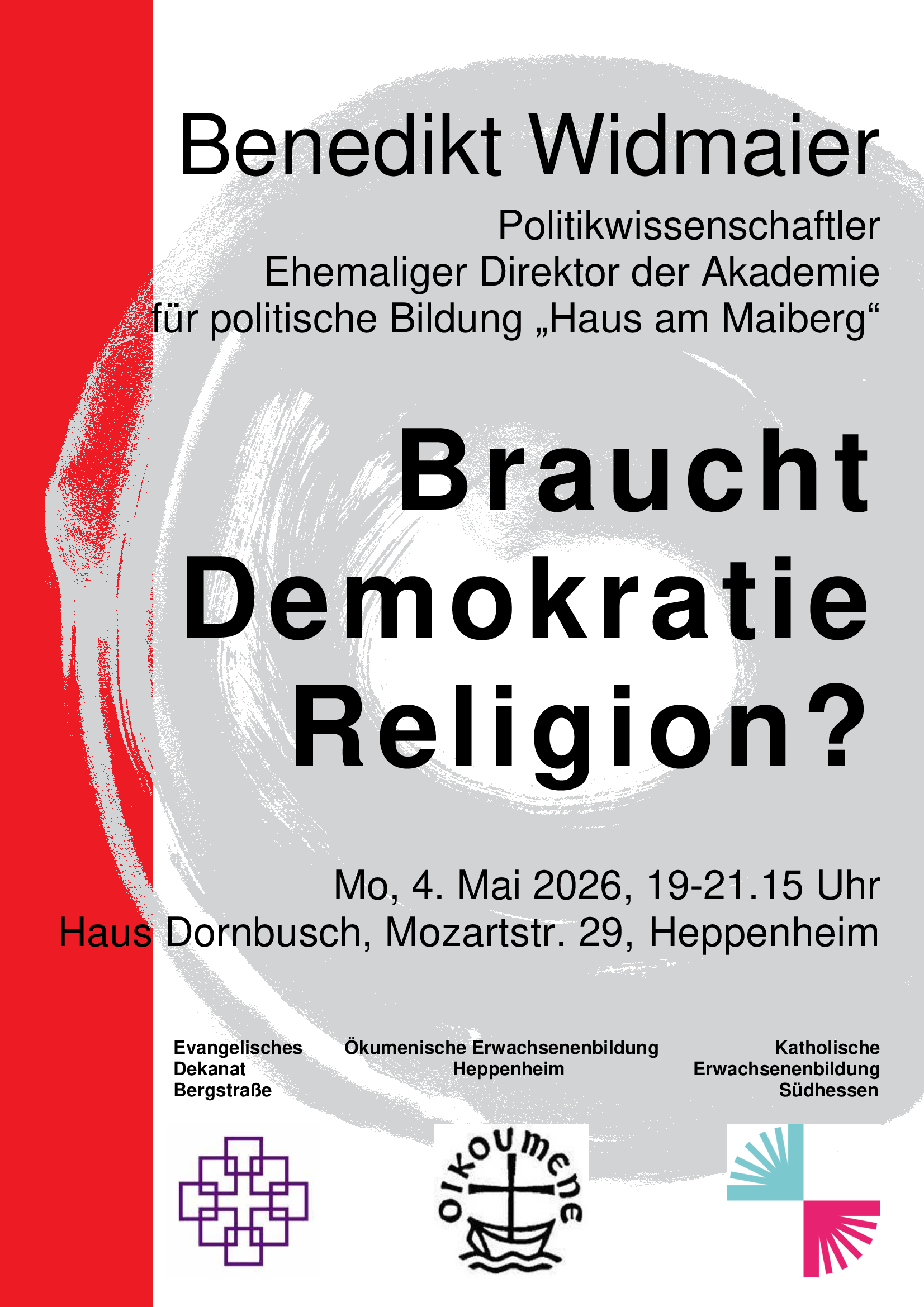 Plakat zur Veranstaltung 'Braucht Demokratie Religion?' im Haus Dornbusch am 04.05.2026 um 19.00 Uhr