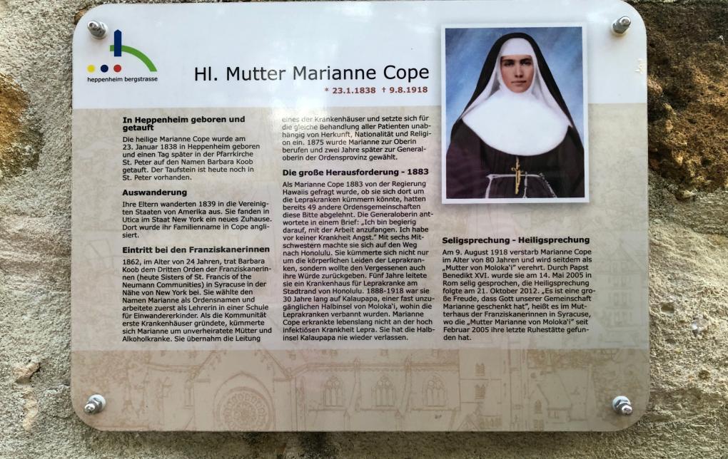 Marianne Cope - Gedenktafel am Garten in Heppenheim
