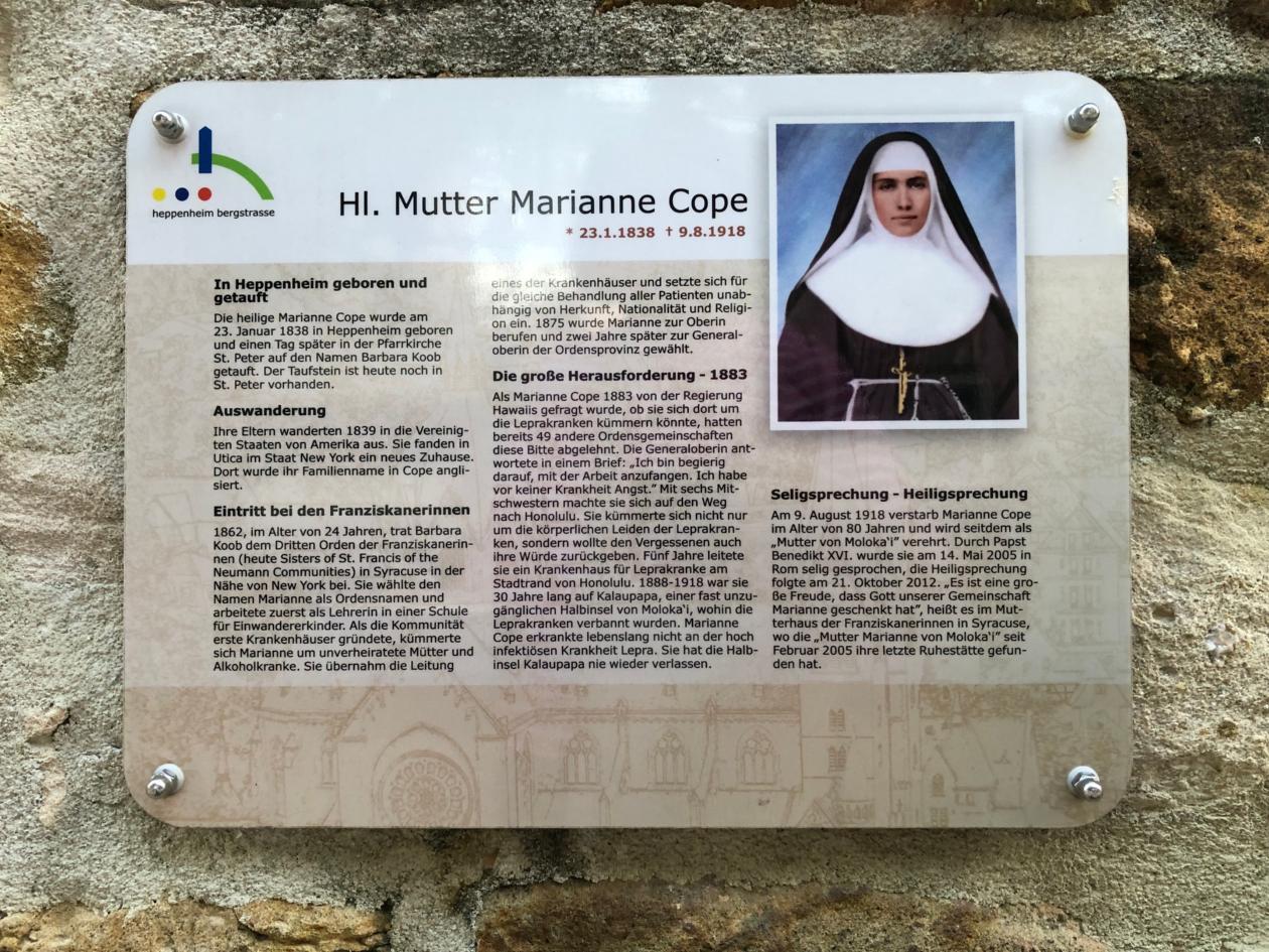 Marianne Cope - Gedenktafel am Garten in Heppenheim