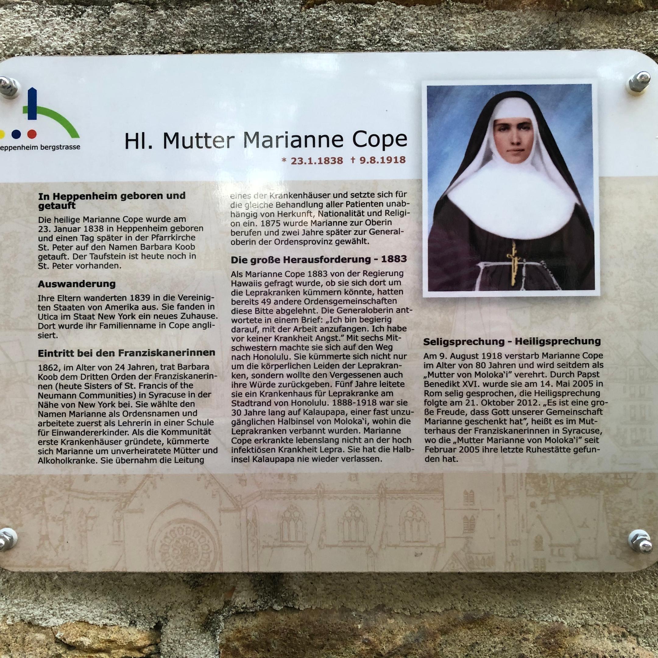 Marianne Cope - Gedenktafel am Garten in Heppenheim