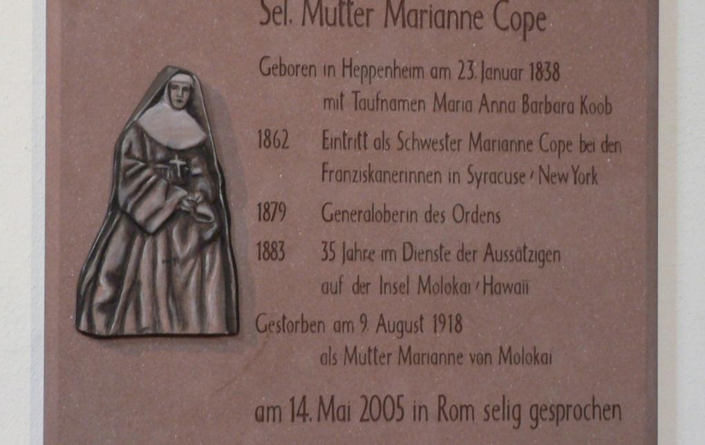 Marianne Cope - Gedenktafel in der Pfarrkirche St. Peter