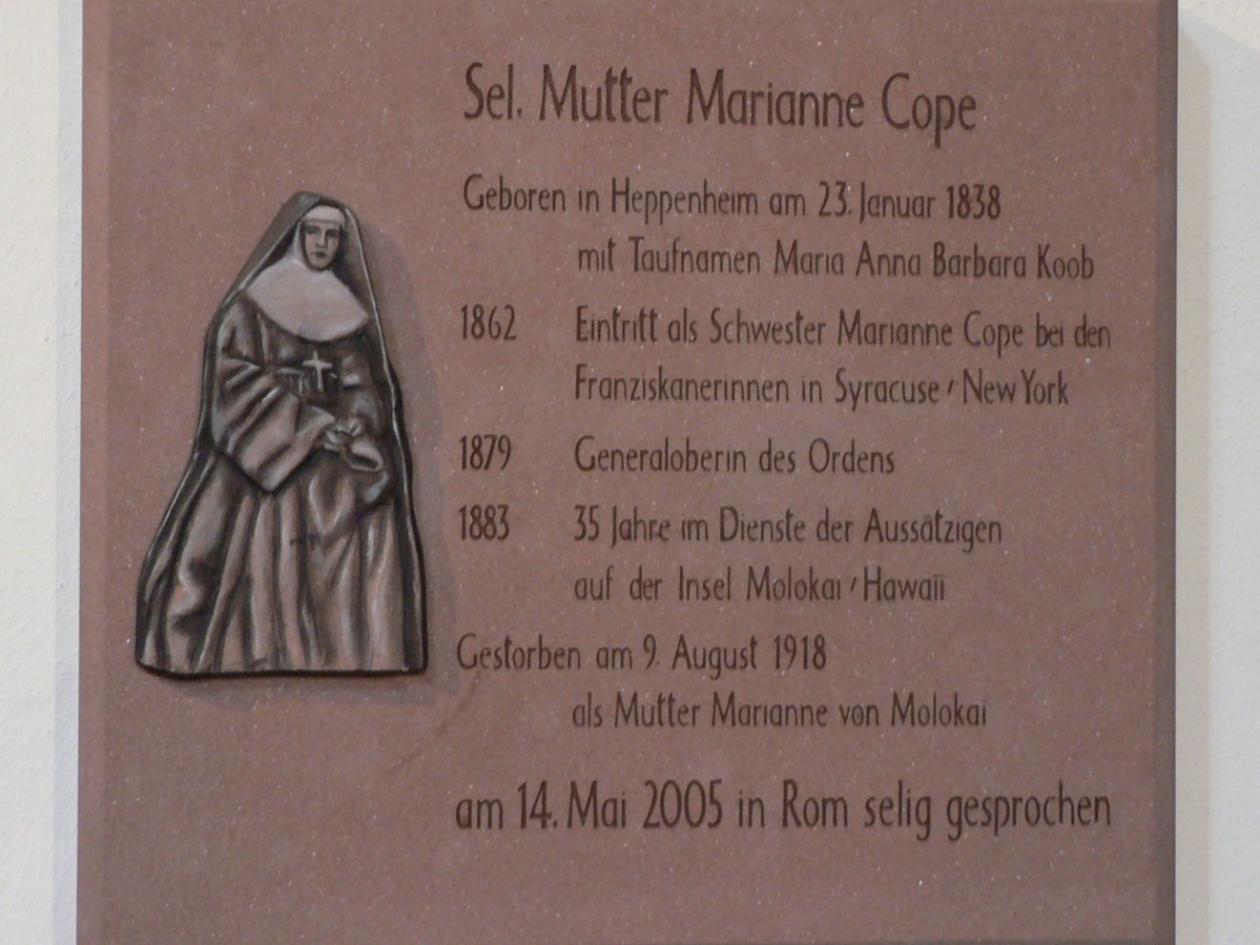 Marianne Cope - Gedenktafel in der Pfarrkirche St. Peter
