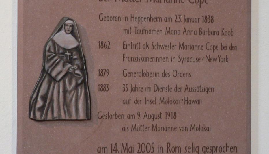 Marianne Cope - Gedenktafel in der Pfarrkirche St. Peter