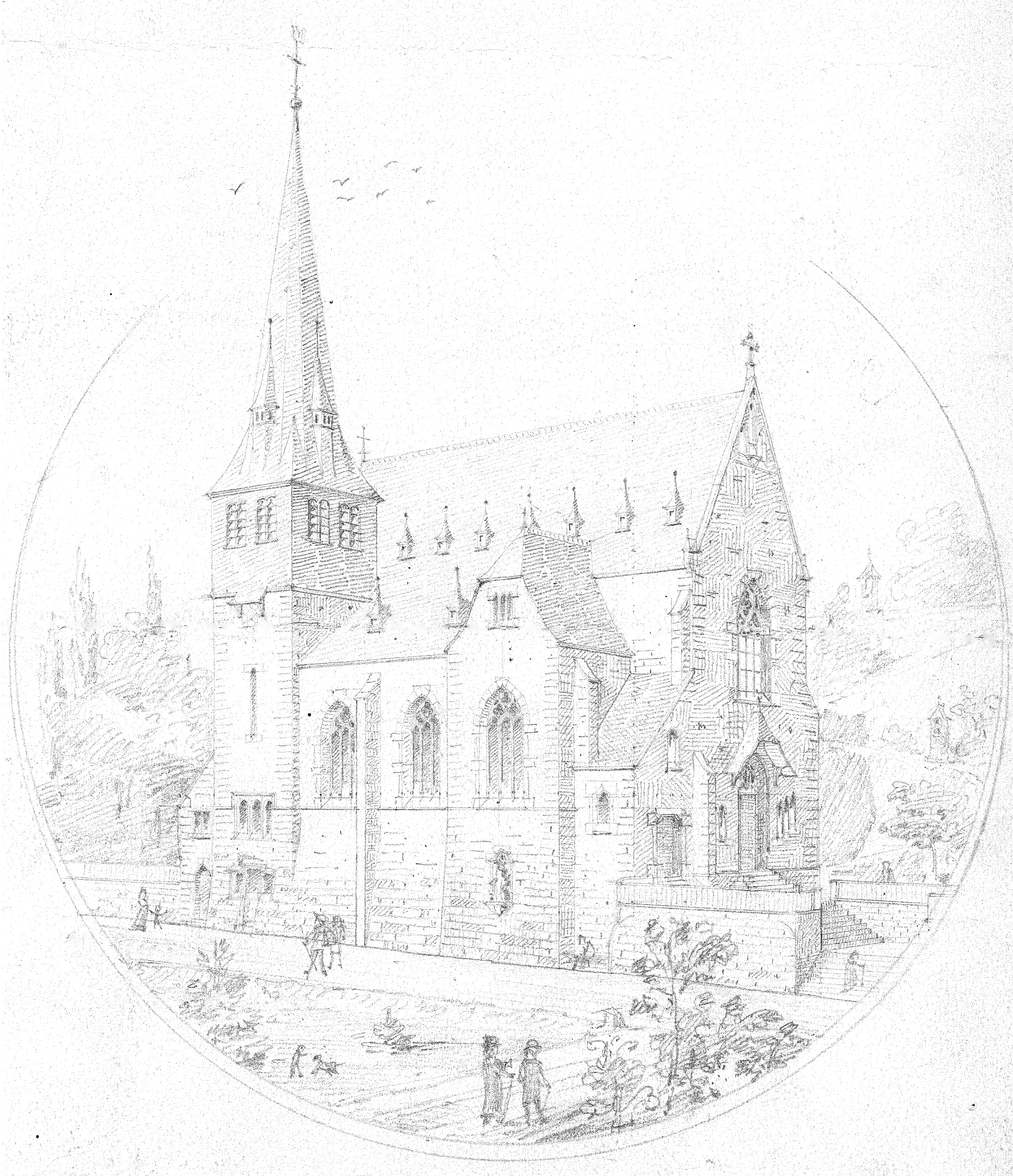 Zeichnung der geplanten Kirche auf der Skizze des Architekten Ludwig Becker (Oktober 1896)