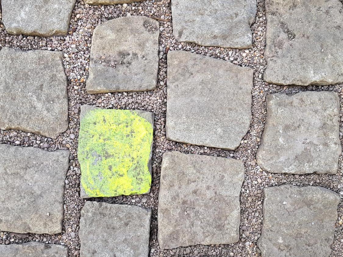 Graues Kopfsteinpflaster mit einem einzelnen leuchtend gelben Stein in der Mitte.