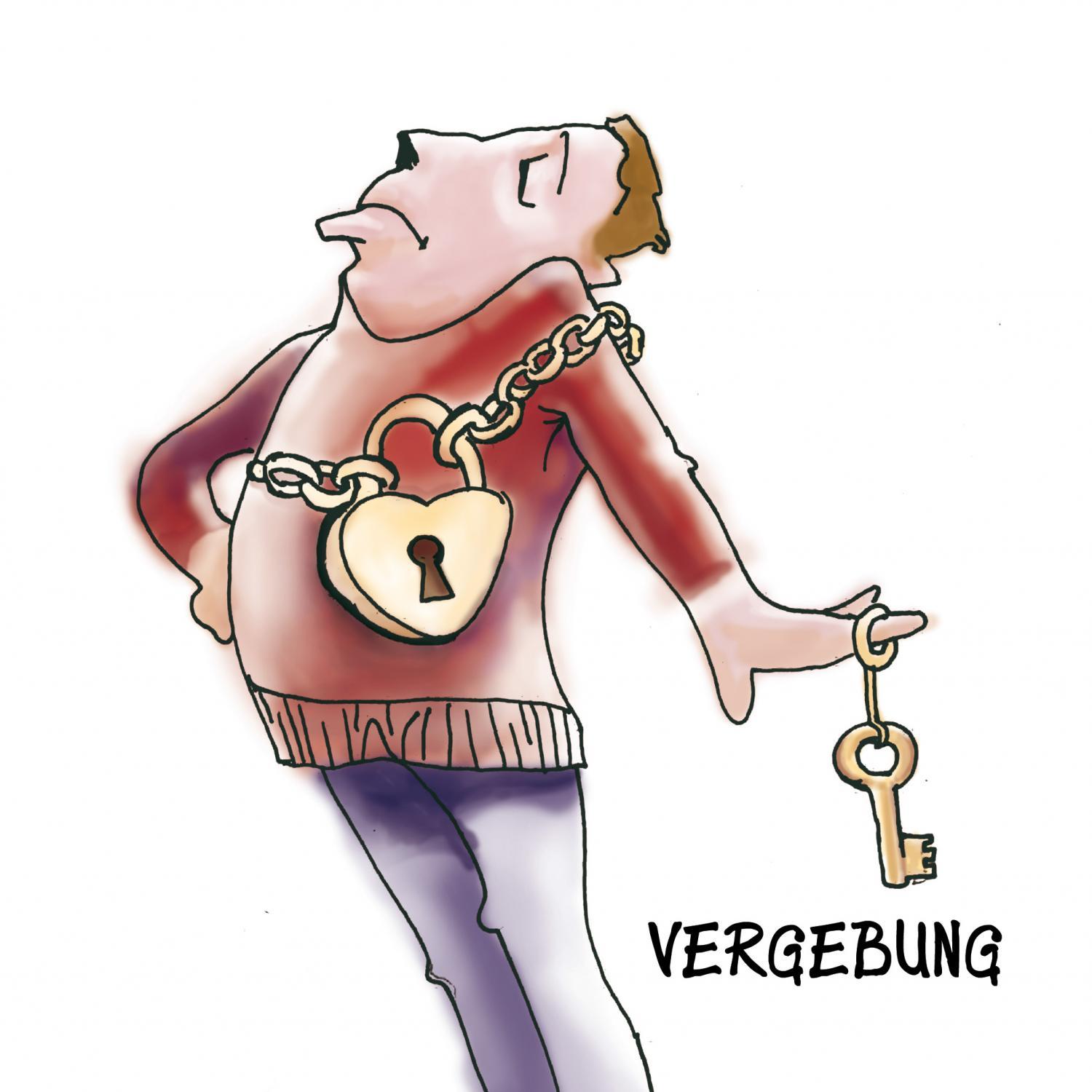 Mann mit großem Vorhängeschloss um den Hals hält einen Schlüssel mit dem Wort 'Vergebung'.