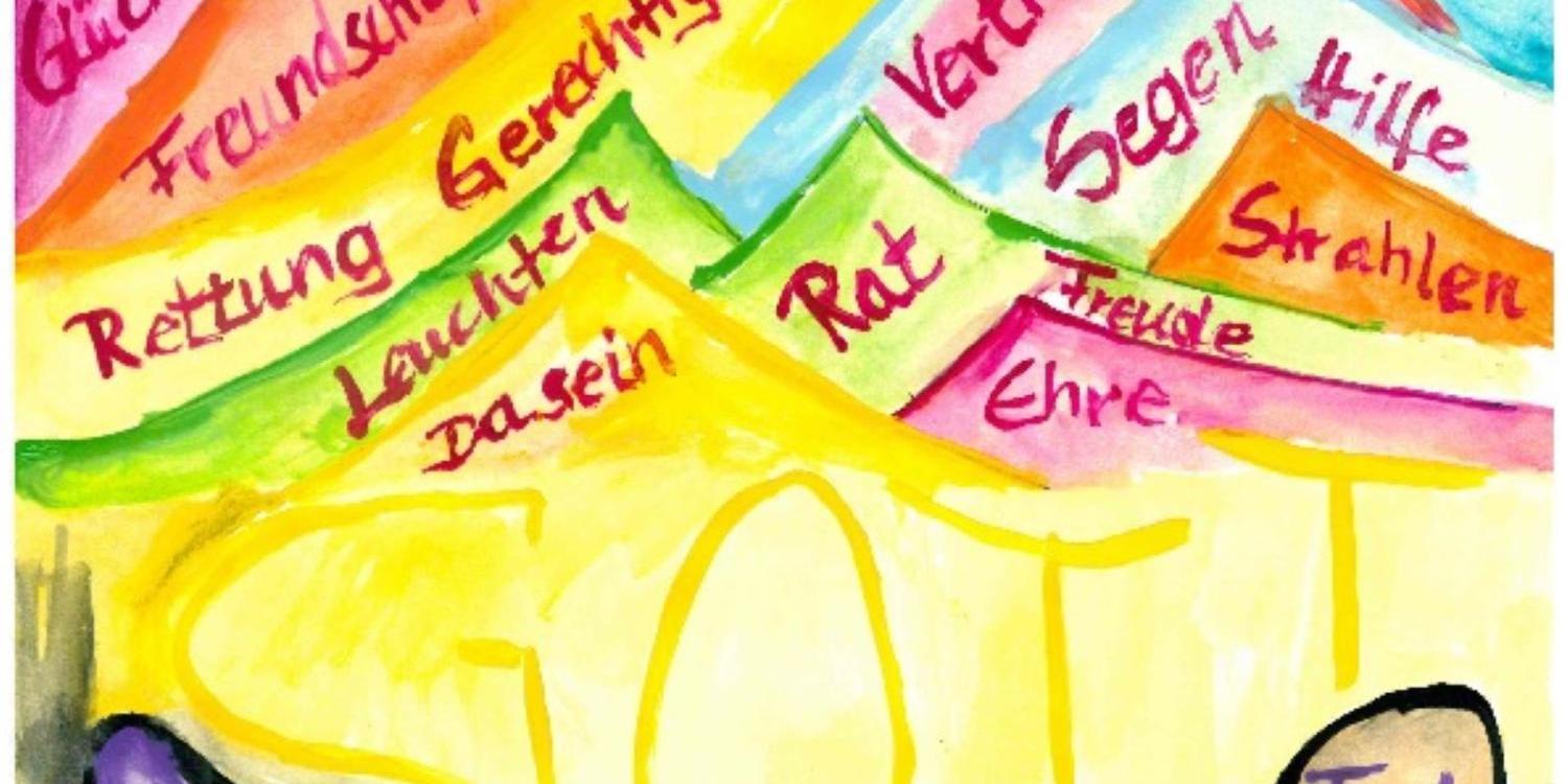 Buntes Gemälde mit Bergen aus positiven und Steinen aus negativen Begriffen, Schriftzug 'Gott' zentral.