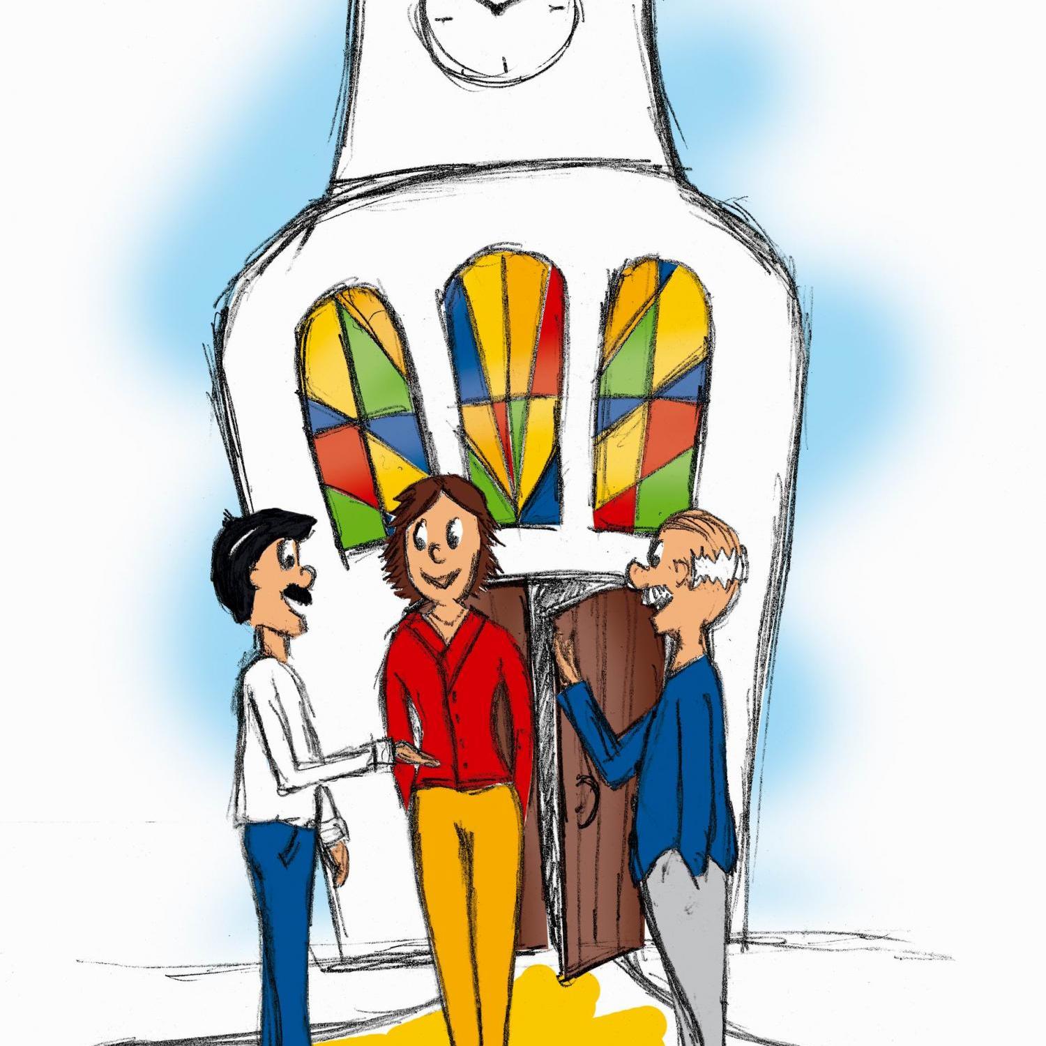 Drei Personen vor Kirchturm (Zeichnung)