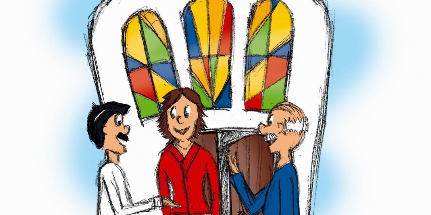 Drei Personen vor Kirchturm (Zeichnung)