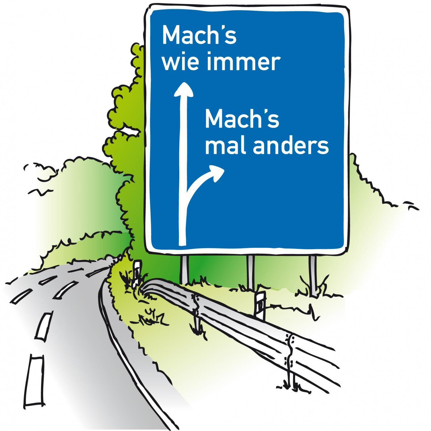 Straßenschild mit zwei Wegen: geradeaus und nach rechts abzweigend.