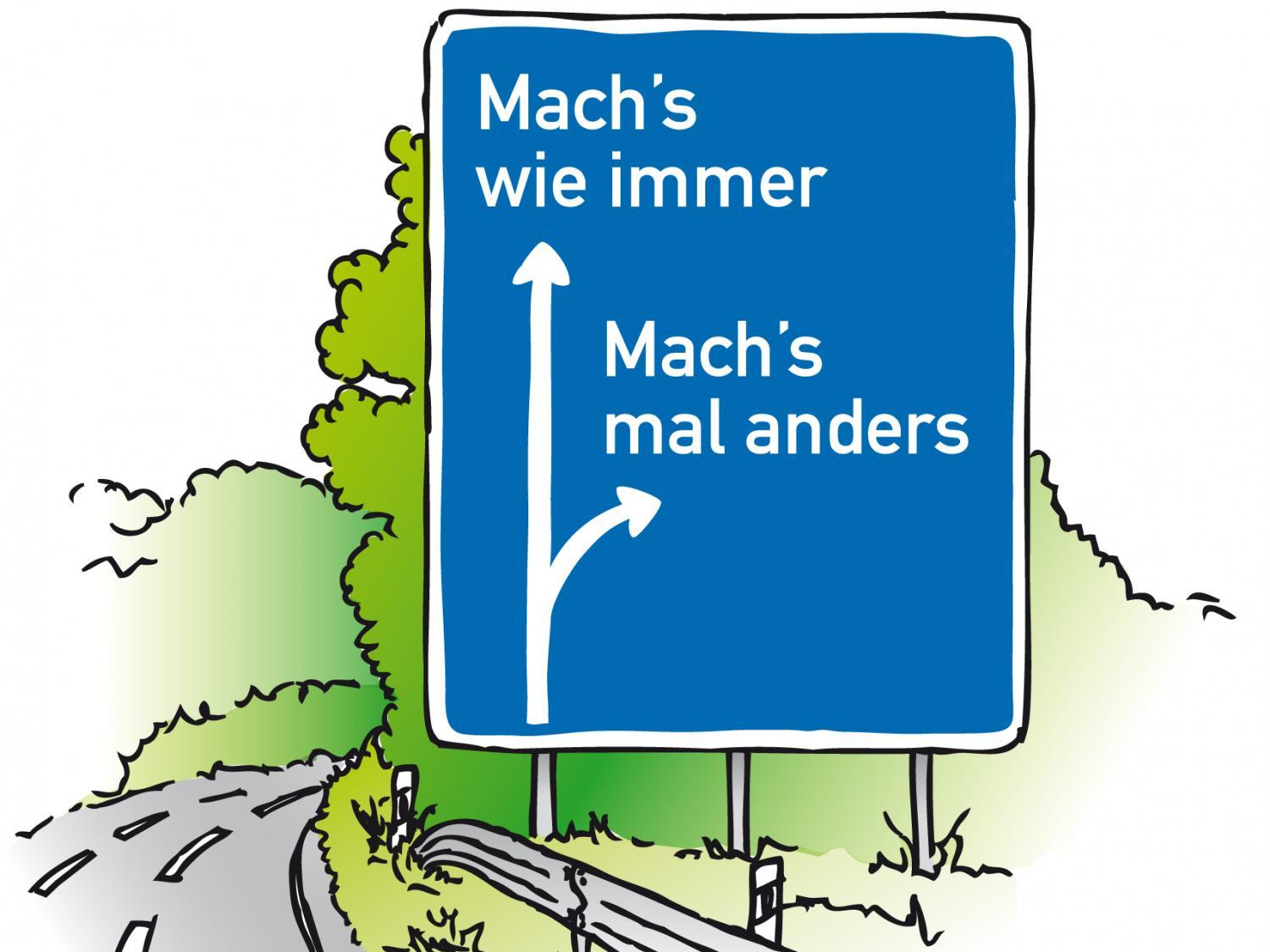 Straßenschild mit zwei Wegen: geradeaus und nach rechts abzweigend.
