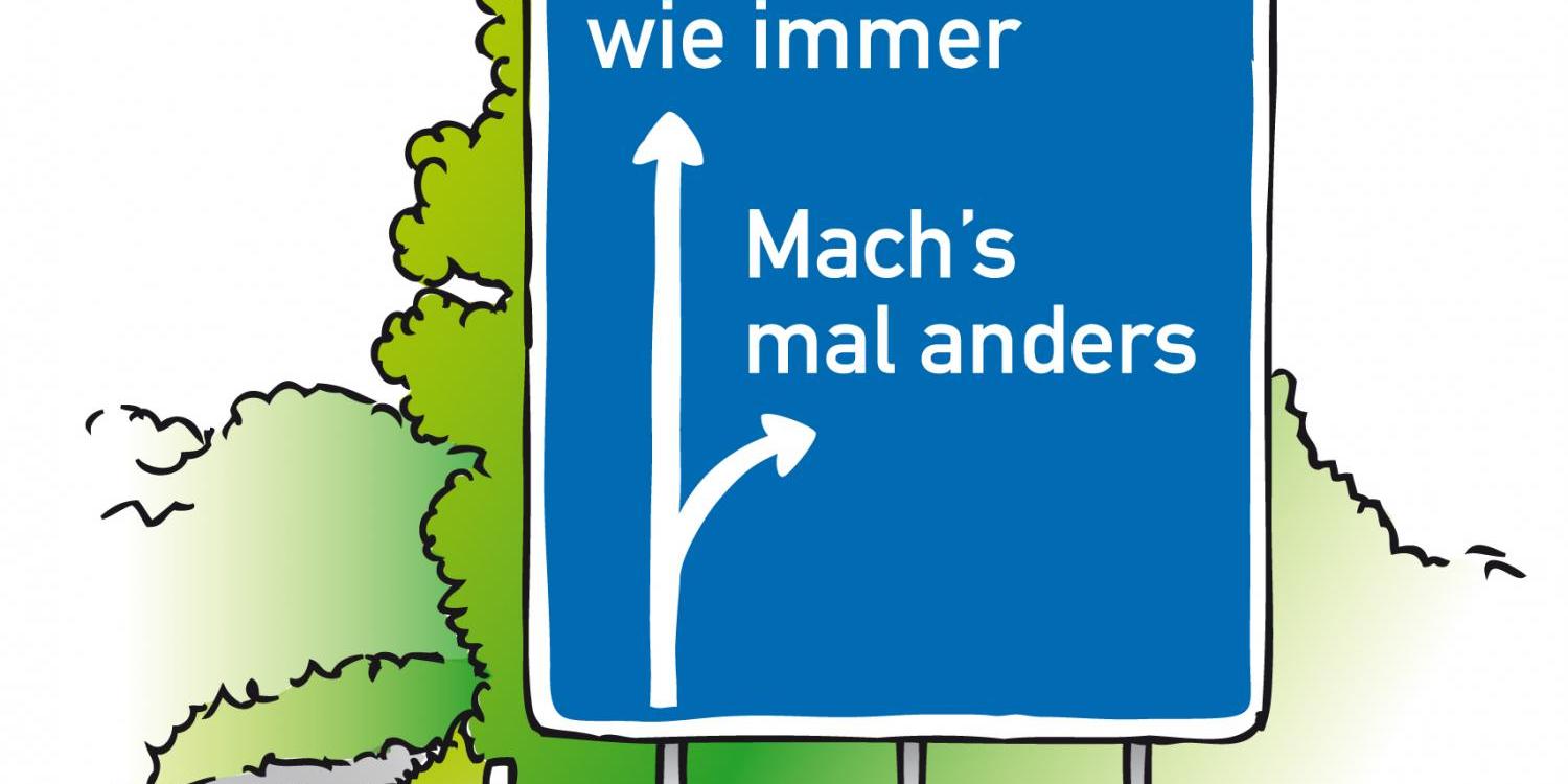 Straßenschild mit zwei Wegen: geradeaus und nach rechts abzweigend.