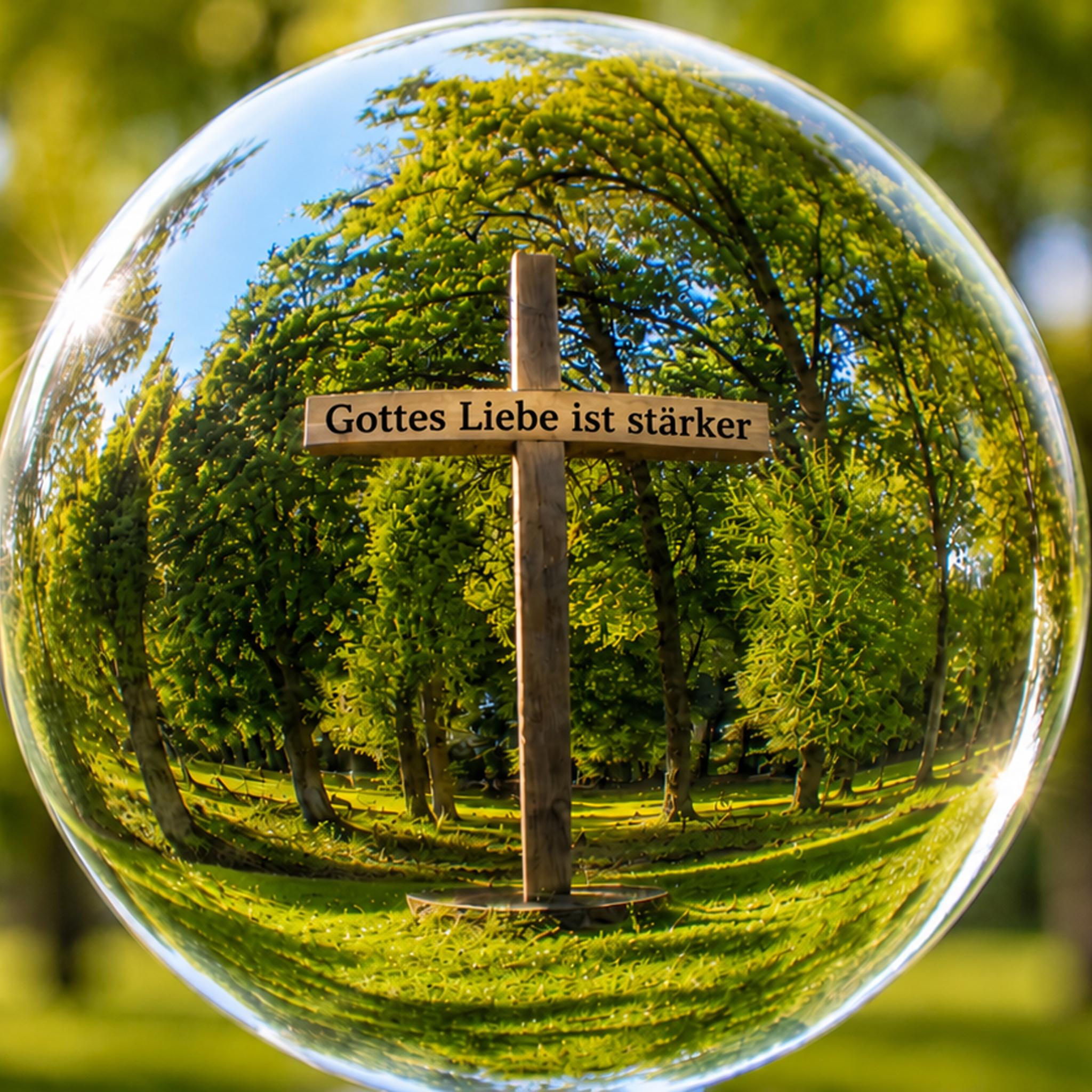 Kreuz mit Aufschrift im Wald, gespiegelt durch eine Glaskugel, Sonnenlicht und grüne Blätter.