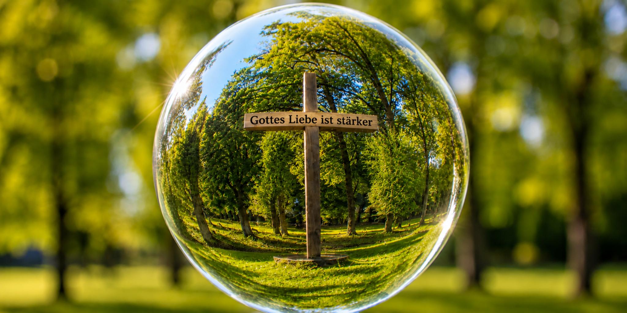 Kreuz mit Aufschrift im Wald, gespiegelt durch eine Glaskugel, Sonnenlicht und grüne Blätter.
