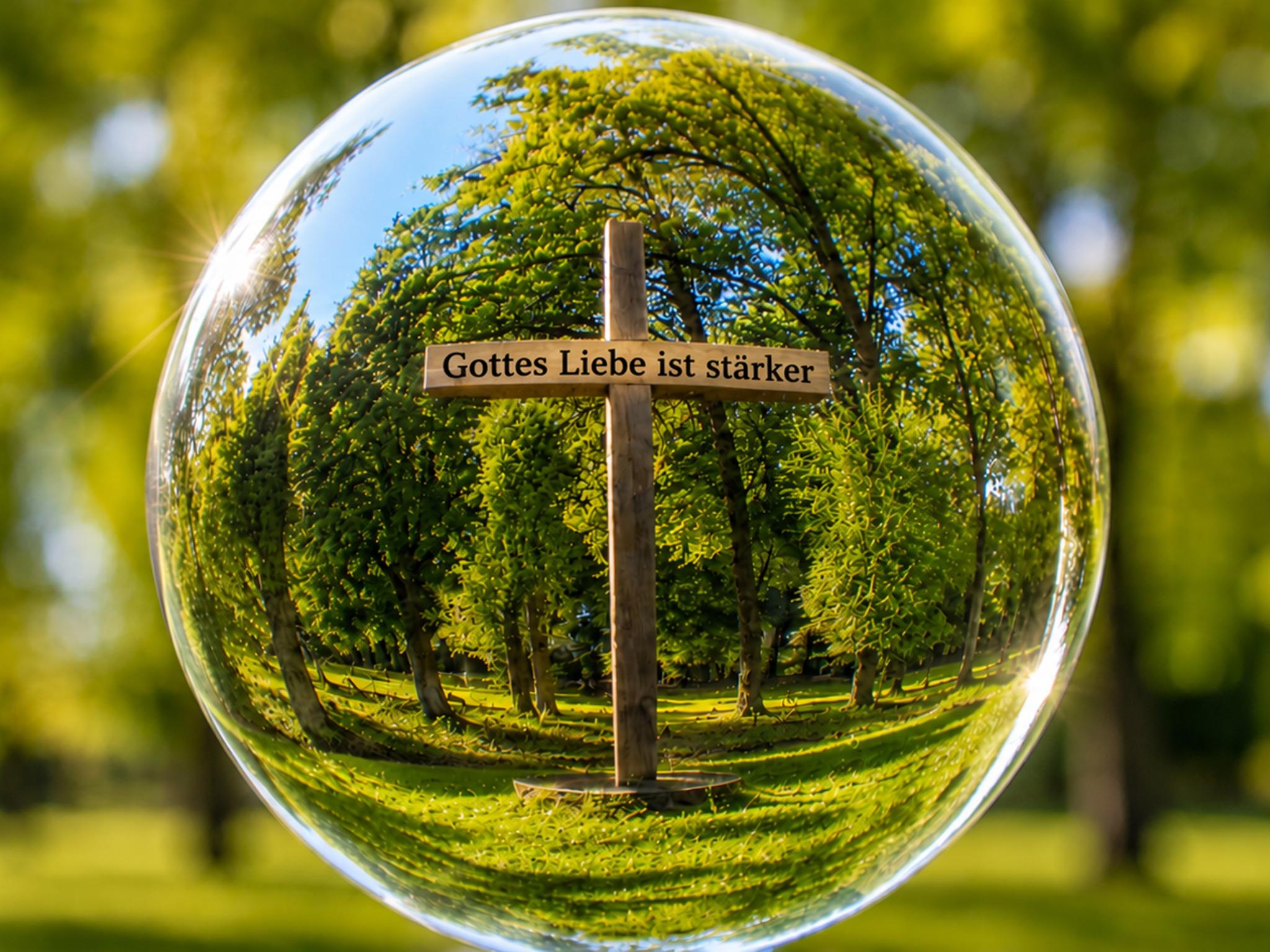 Kreuz mit Aufschrift im Wald, gespiegelt durch eine Glaskugel, Sonnenlicht und grüne Blätter.