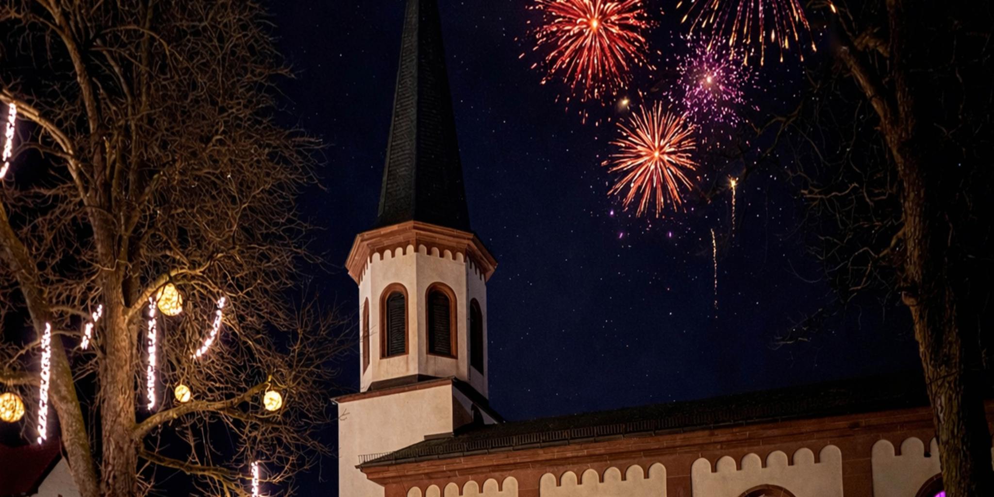 Kirche im Dunkeln mit Feuerwerk